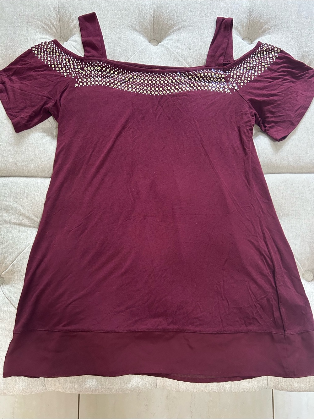 Belldini Burgundy Off-Shoulder Tunic with Studded Neckline